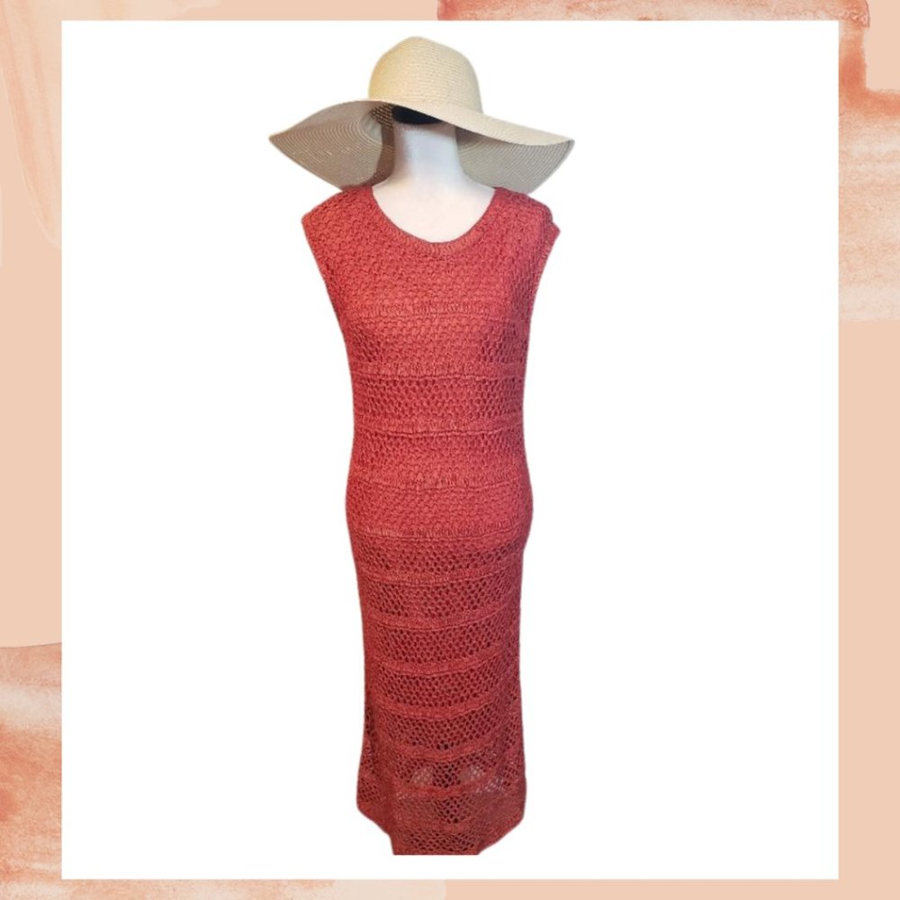 l. Magnin Vintage Rust Crochet Net Shift Dress - Picture 2 of 4